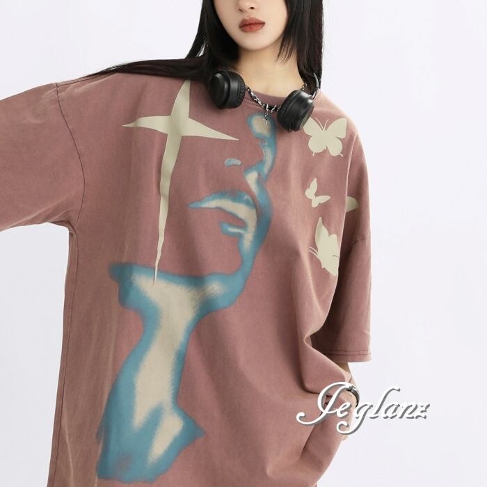 2色 アート ペイント 蝶 プリント 半袖 Tシャツ ユニセックス(MC489)ρ