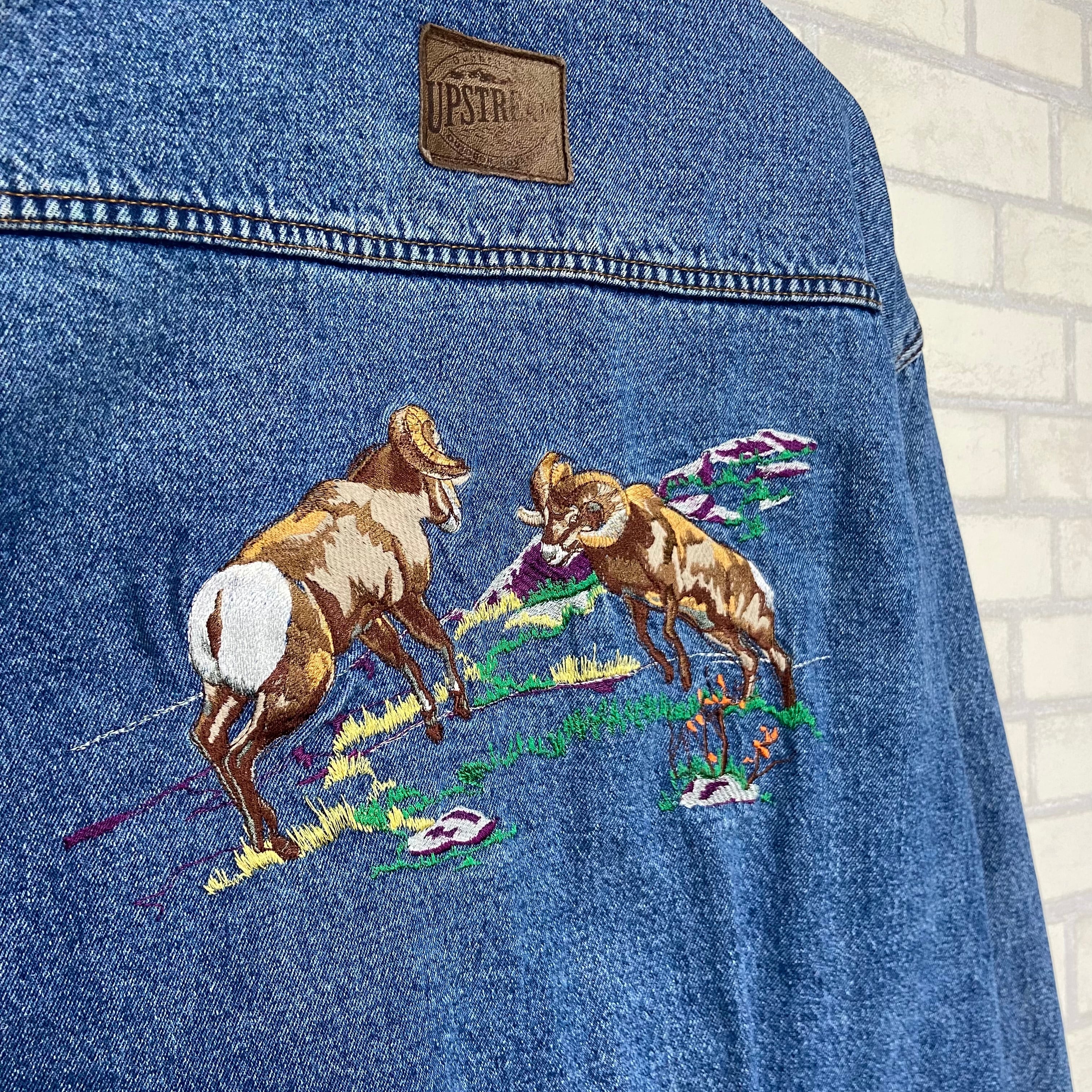 バック刺繍】UPSTREAM デニムジャケット XL 革パッチ | 古着屋OLDGREEN