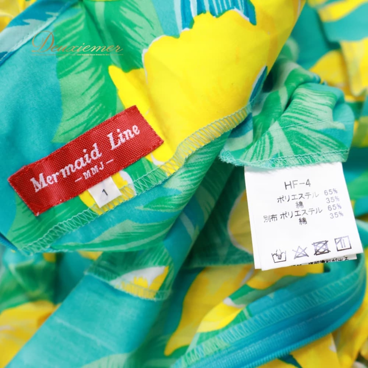 フラダンス 衣装 MermaidLine MMJ マーメイドライン エムエムジェイ ワンピース ドレス グリーン系 フリル 緑 黄 花 花柄 鮮やか 日本製 かわいい フラ ダンス ダンス衣装 イベント ステージ ハワイアンプリント アロハ イエロー系