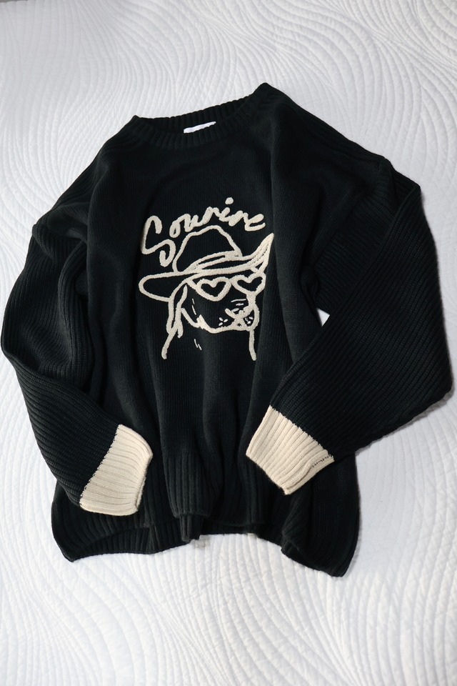 NEW！アクリルバルキーニットDOG刺繍ワイドクルーニット【12509-343-30　BLACK 01】2025AW