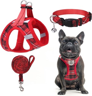 【努力特価】BINGPET 犬 ハーネス 首輪 リードセット 胴輪 小型犬 犬用ハーネス チェックデザイン ハンドル付き メッシュ素材 身体に優しい ベスト 反射材付き 調節可能 お散歩 着脱簡単 引っ張り防止 人気 おしゃれ 可愛い (レッド XS)