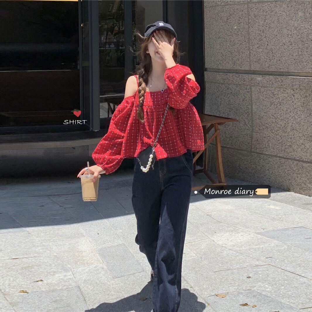 レッド格子柄ストラップレスシャツ 薄手サマートップス ロング 大人ガーリー スウィート キュート カジュアル 夏物 モンロー24127062353