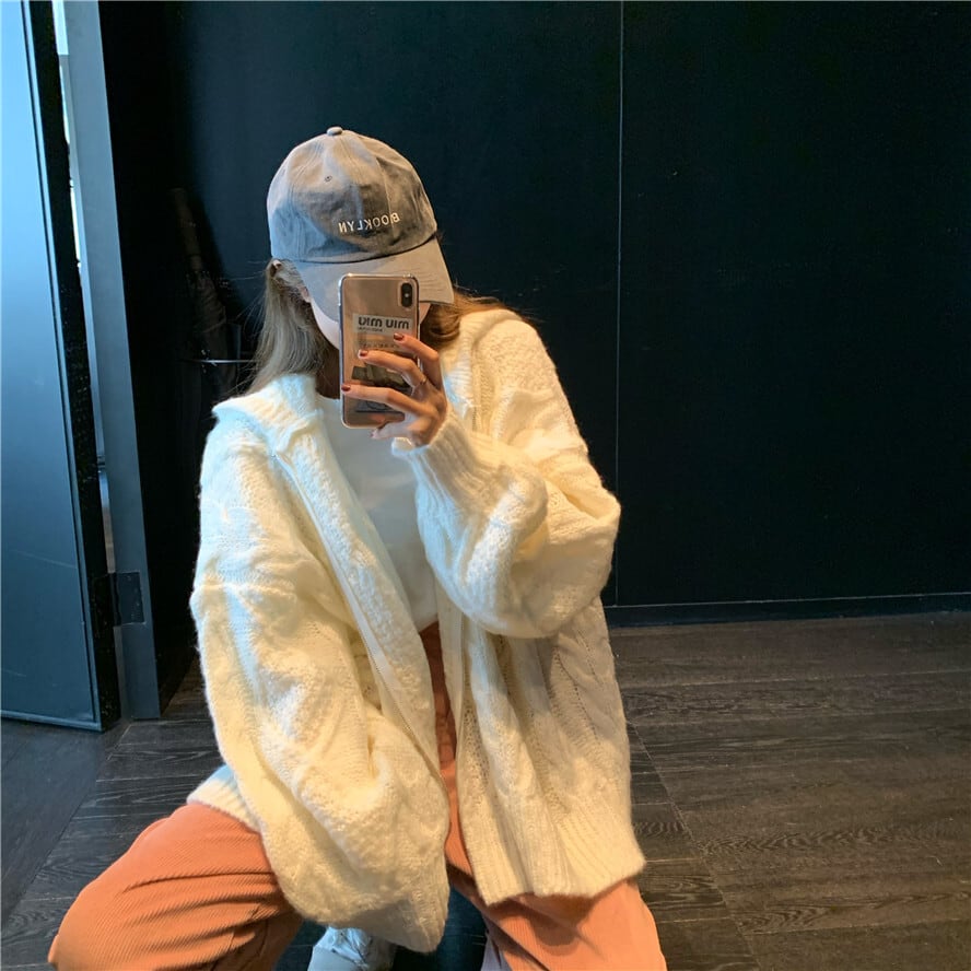 ホワイト フード付き ニットカーディガン