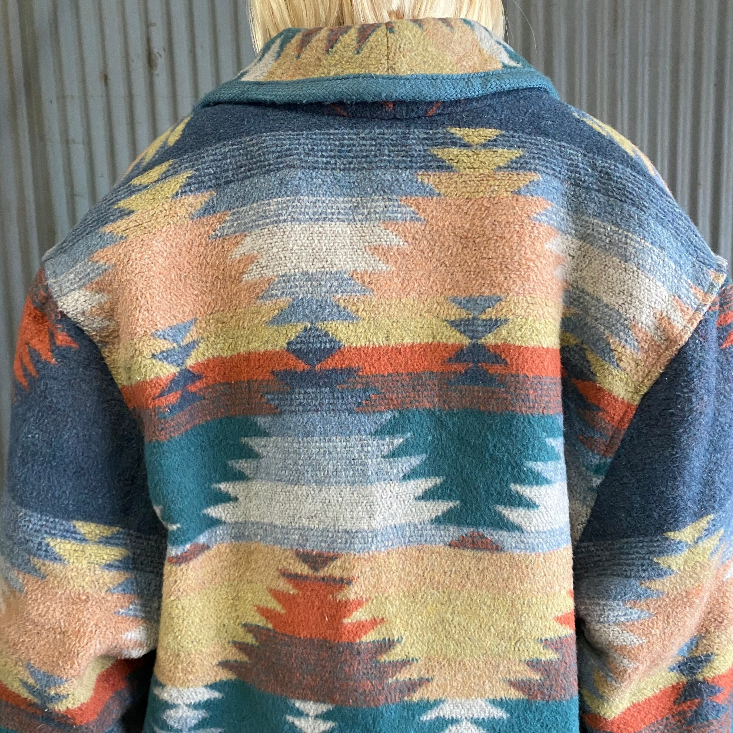 80年代 USA製 JOFELD ショールカラーコート ネイティブ柄 レディースXL 