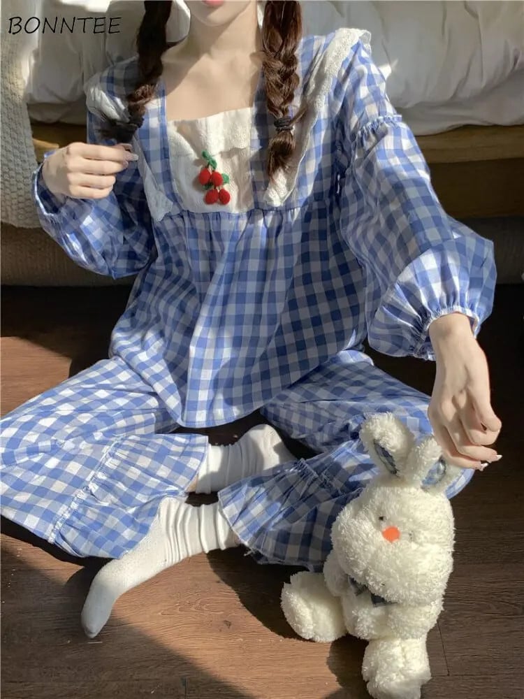 【新作】【送料無料】 ブルーチェック柄パジャマセット女性 Ins 甘い春ルーズ長袖学生ホームウェアカジュアル韓国ファッションかわいい女の子オールマッチ 0241322860519