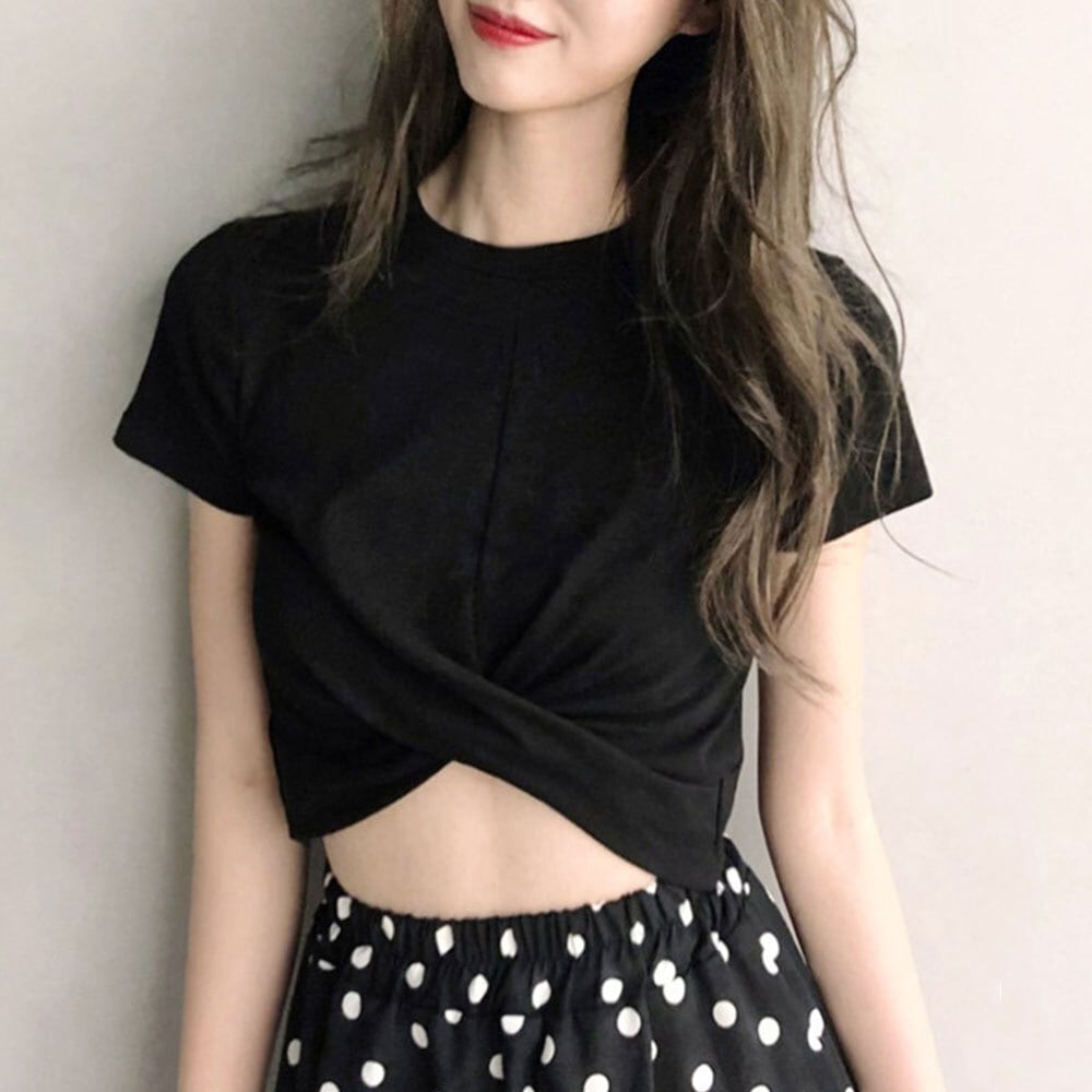 へそ出し Tシャツ レディース 韓国 トップス きれいめ 大人 かわいい セクシー カジュアル おしゃれ 肌見せ フロントクロス 大人可愛い 大人女子