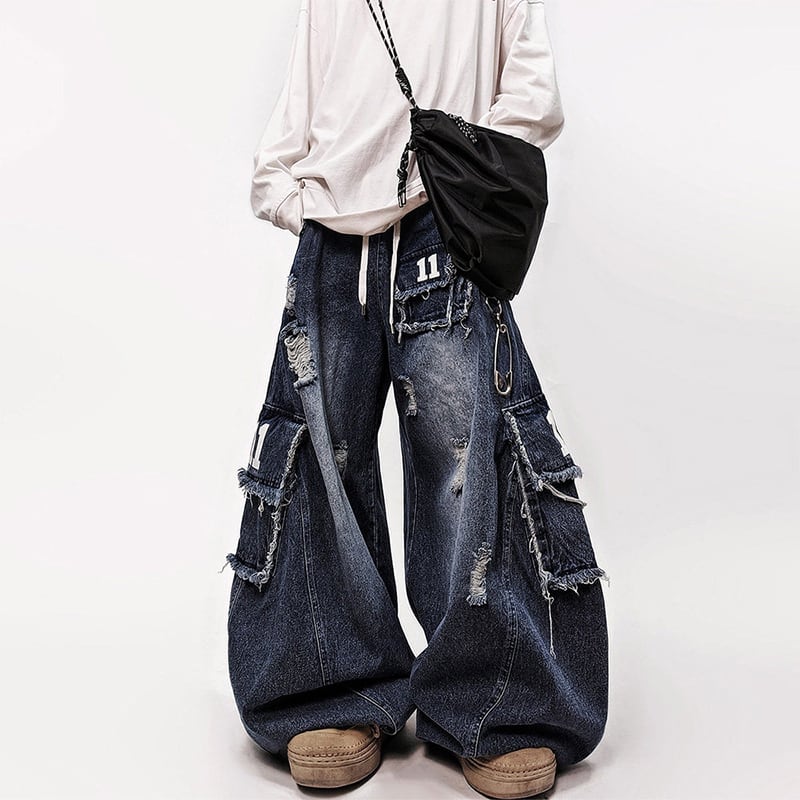 UUCSCCポケット付きダメージワイドデニムパンツ