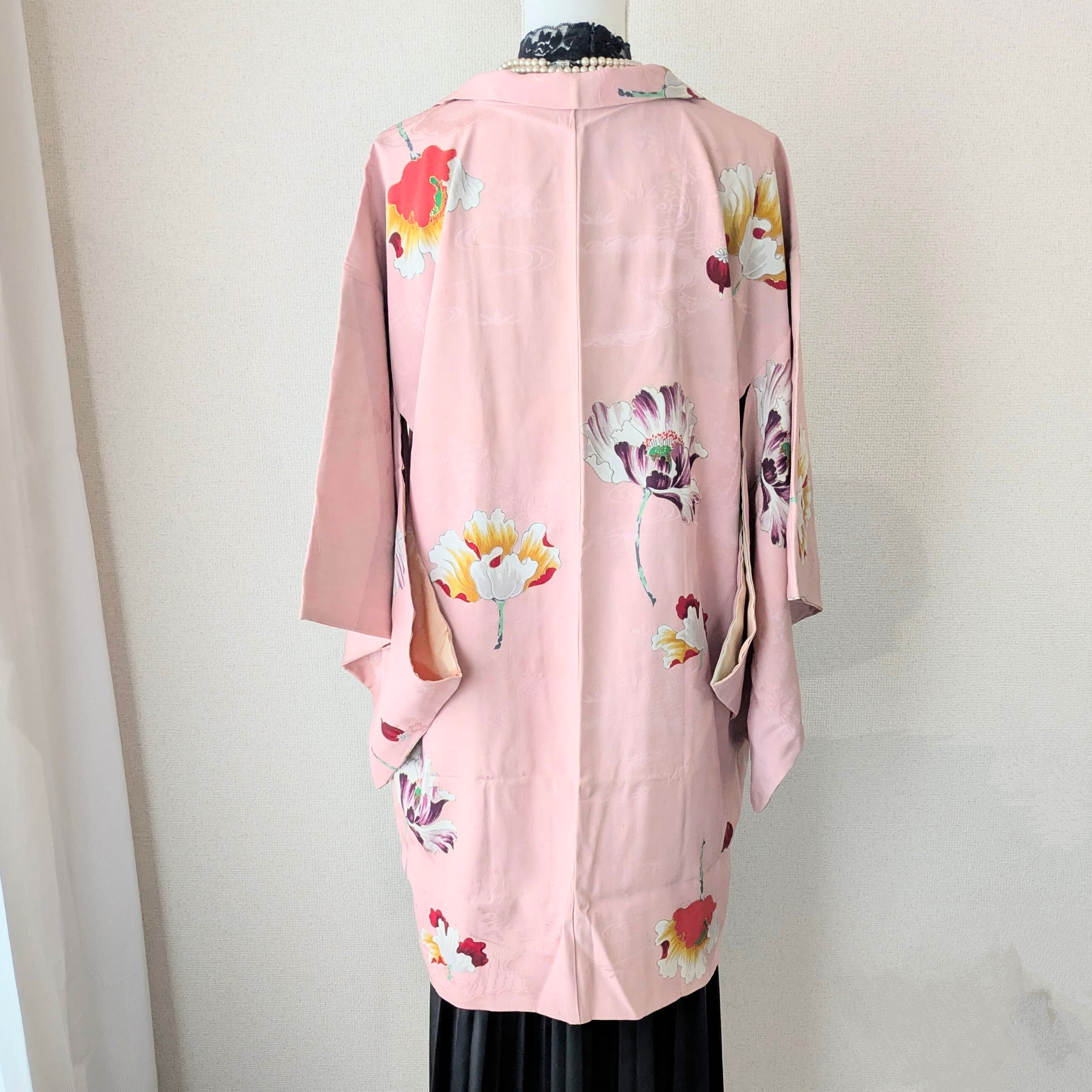 Vintage】HAORI 羽織 正絹 青みピンク ケシ 芥子柄 大正浪漫 古布 時代