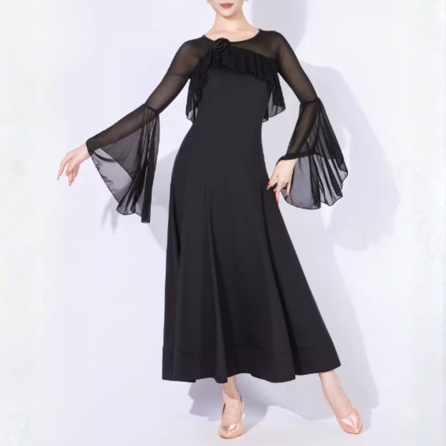 シフォンケープ ロングベルスリーブ ドレープ ドレス 2col　D00661