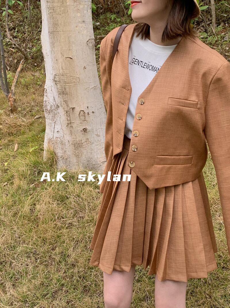 Vネックショートジャケット ウェストプリーツスカート Aライン レトロ ビッグFスモールZ韓国57495568509