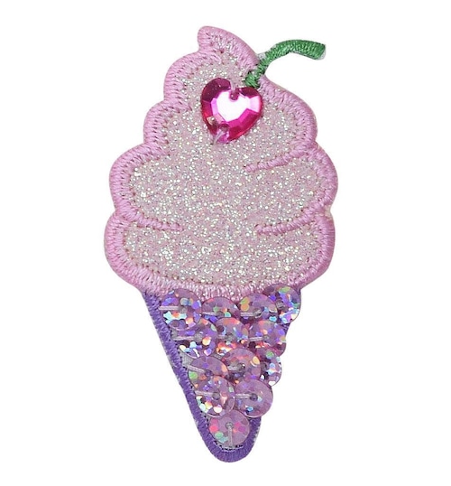 Wholesale applique アイロン ワッペン: Pink/purple アイスクリームコーン きらきらさくらんぼのせ Pink/Purple Ice Cream Cone with Cherry