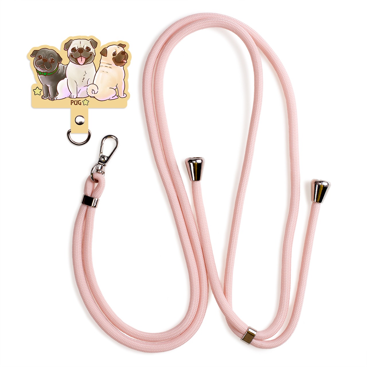 パグ 【笑顔が楽しく可愛いわんこイラスト】 スマホ ショルダーストラップ ストラップ ホルダー 各種ストラップ対応 ピーチピンク 丸紐 SE-100P
