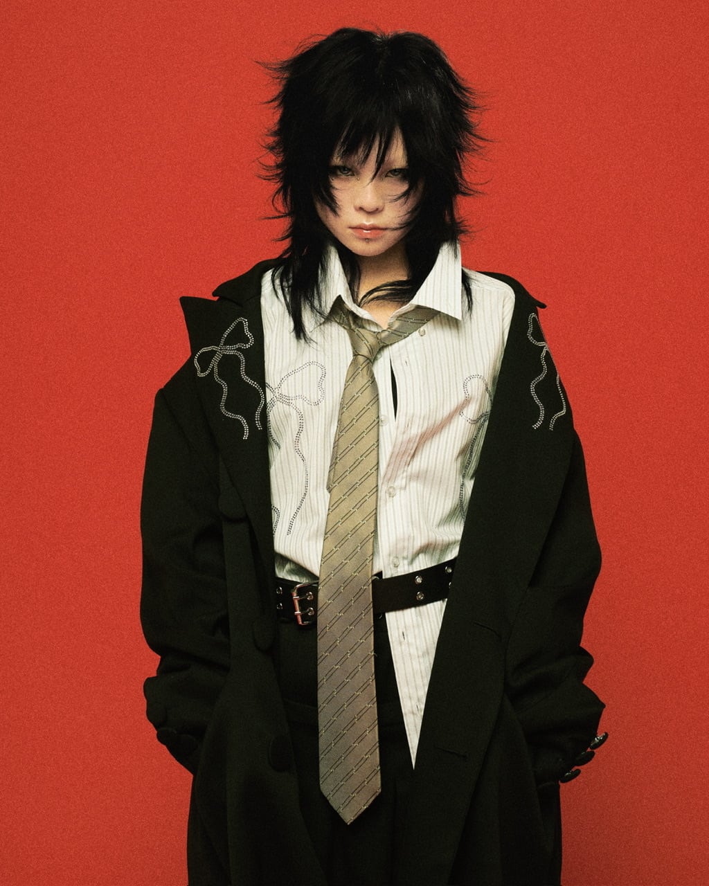 ピークドラペルリボンジャケット BLACK