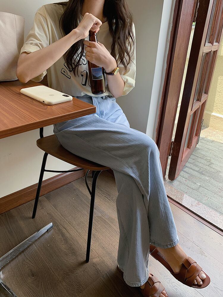 ジーンズ サマー薄手スタイルウェストワイドレッグパンツ レッド 夏物 ワイドパンツ ビッグFスモールZ韓国52152127919