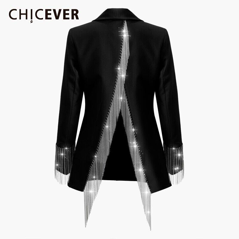 CHICEVERブラックブレザーレディースノッチカラー長袖パッチワークTelBack Split Streetwear Coats 2020 ロング ストリート 6base592937941771