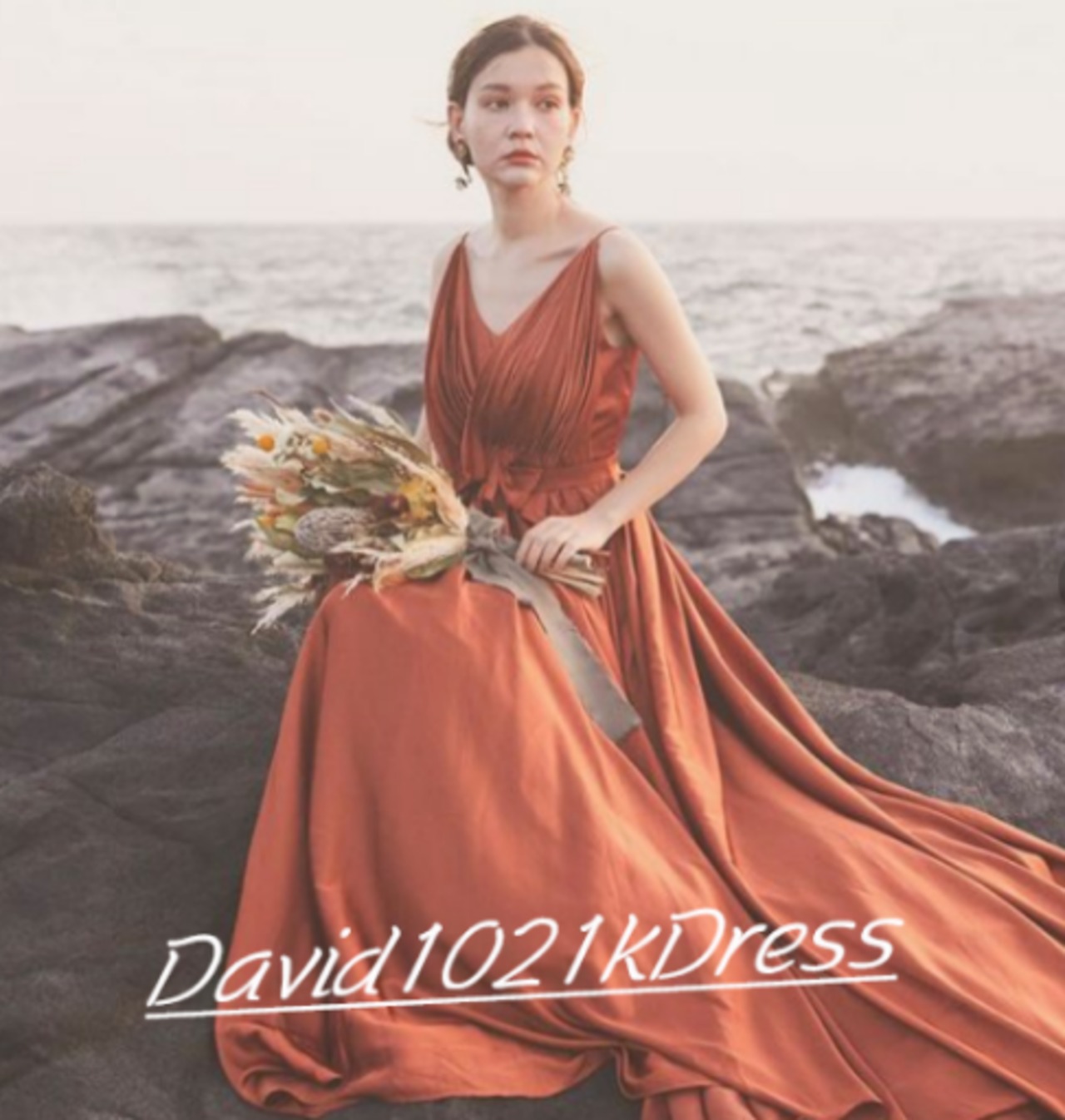 高品質！ パーティードレス テラコッタ色 背中見せ Vネック 人気上昇  