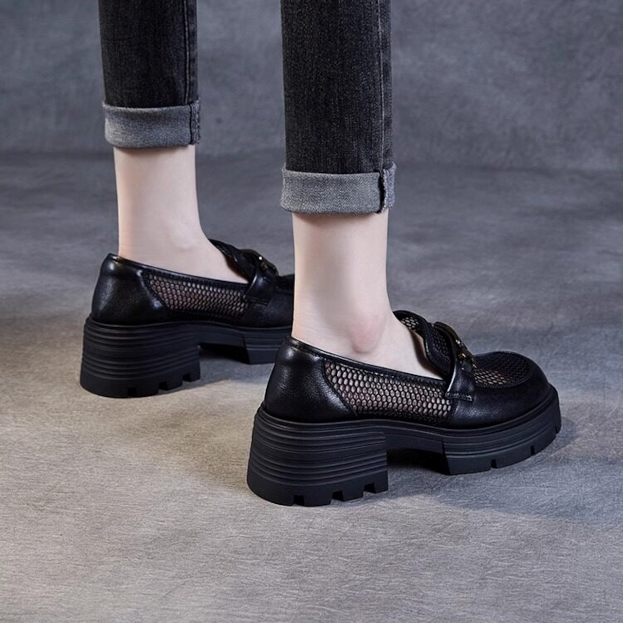 メッシュ ゴールドバックル ローファー 90032