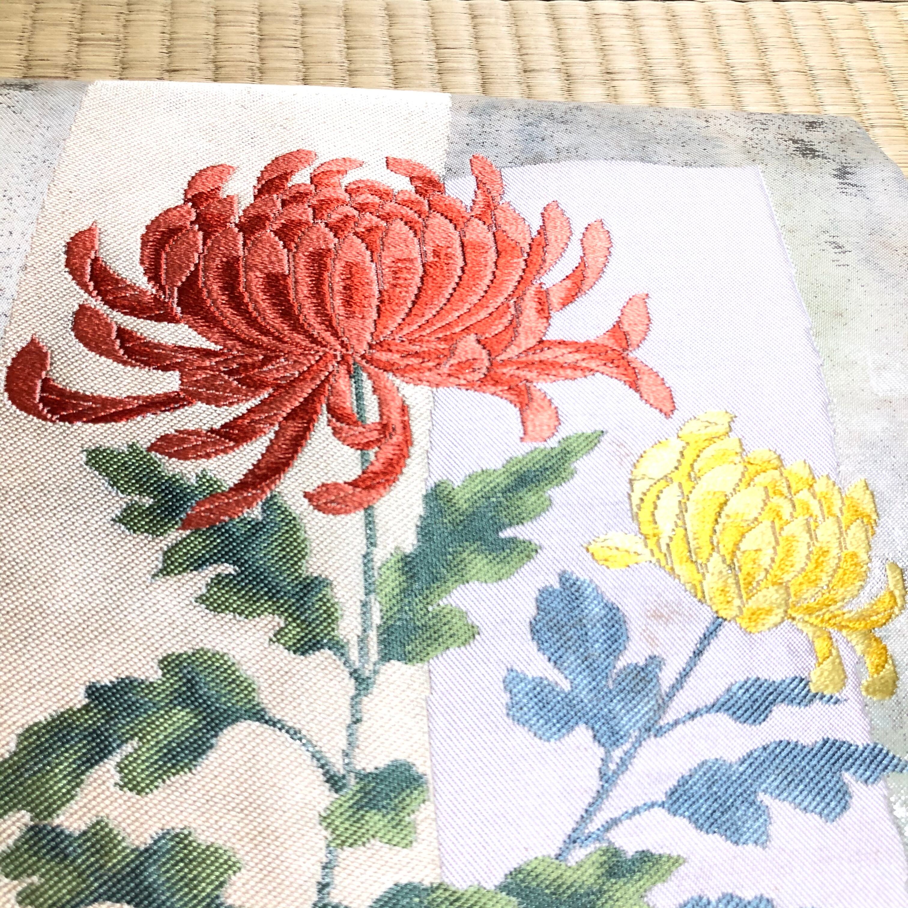 袋帯 御所車に花模様 牡丹 菊 地紙 金銀糸 O-3964