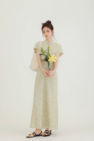 春の竹葉/Spring Bamboo グリーン ワンピース 夏物 袖付き 半袖 チャイナドレス ハイウエスト ラウンドネック ロングスカート