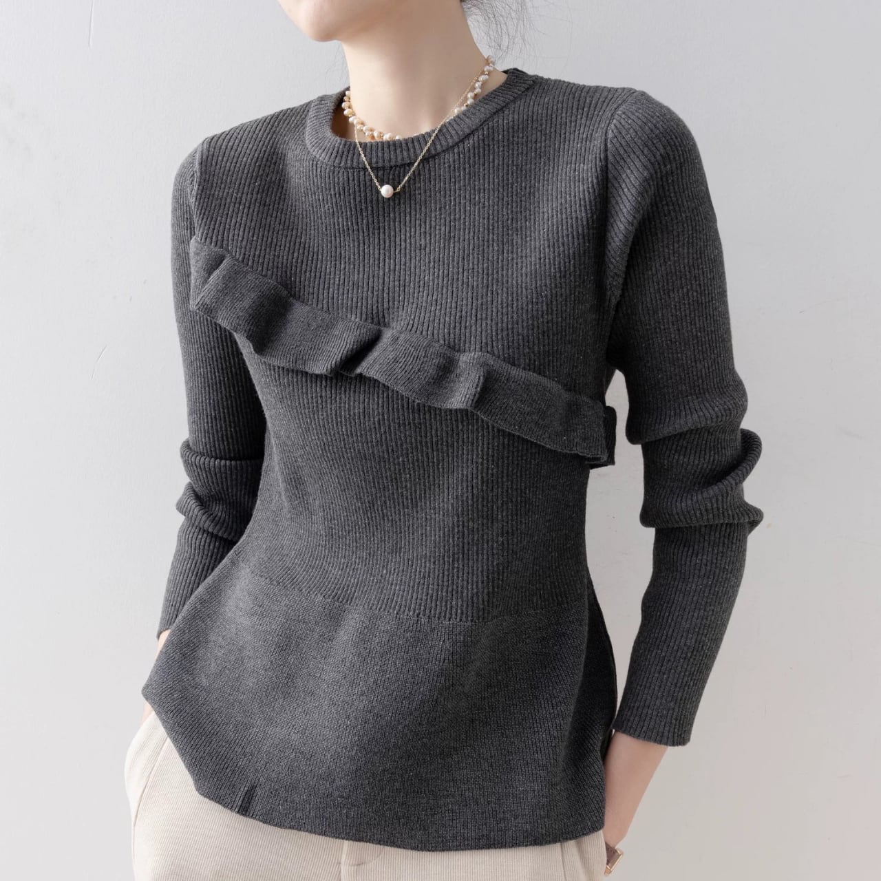 アシンメトリーフリルリブニットトップス W00370