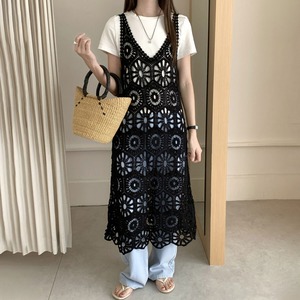 ワンピース レディース 夏 クロシェ編み ノースリーブ 透かし編み ニット ロングベスト ミモレ丈 Vネック レイヤード 体型カバー ボヘミアン リゾート フェス 高見え [LS-CGD011]