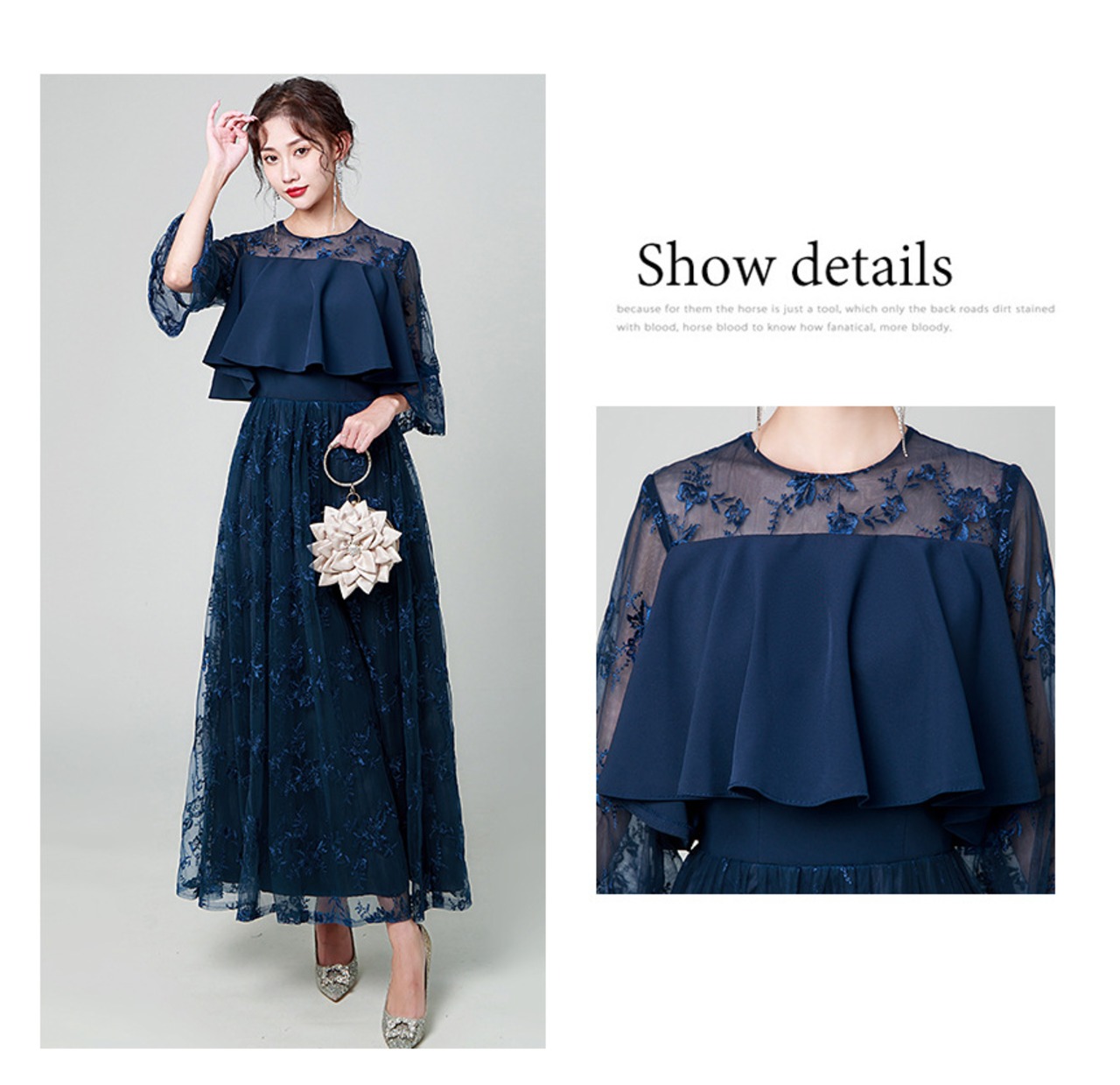 4colour＞ レース ロング ワンピース ドレス（グレー・ネイビー 