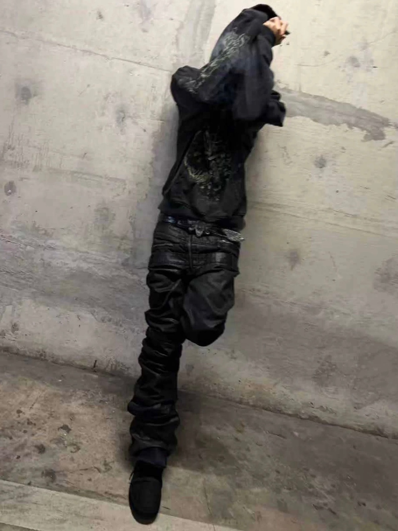 【CinderVein】Triple Waist Paneled Coated Denim Pants