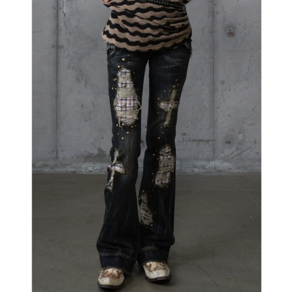 Slim-fit patchwork denim jeans E7175