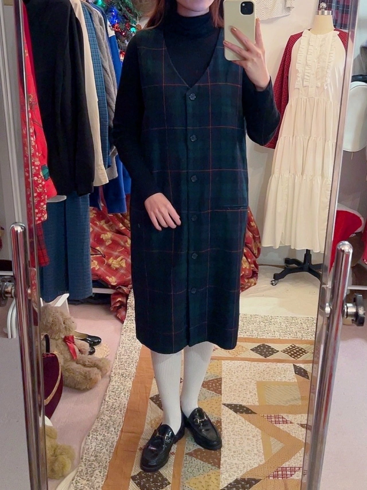 green chek front button jumper skirt