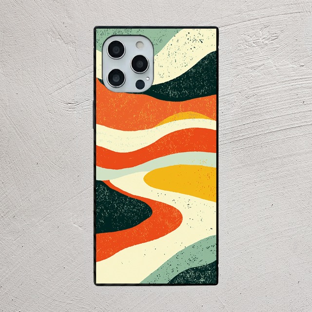 受注生産 iPhoneケース オレンジとイエローの流線ウェーブ｜70sレトロ CURV035A