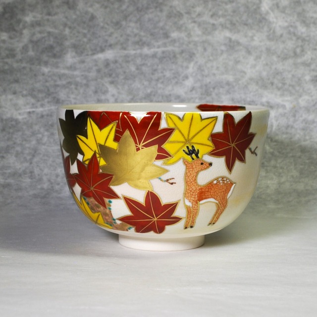 抹茶碗 鹿に紅葉