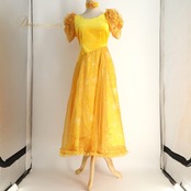 フラダンス 衣装 FANCY DRESS ファンシードレス ワンピース ドレス イエロー系 ティアレ柄 ハイビスカス柄 タロリーフ柄 プルメリア柄 ベロア生地 チュール フリル ハワイアンプリント ハワイアン アロハ フラ ダンス レッスン 練習 黄 橙 白 オレンジ系 ホワイト系 透け感 シースルー チョーカー