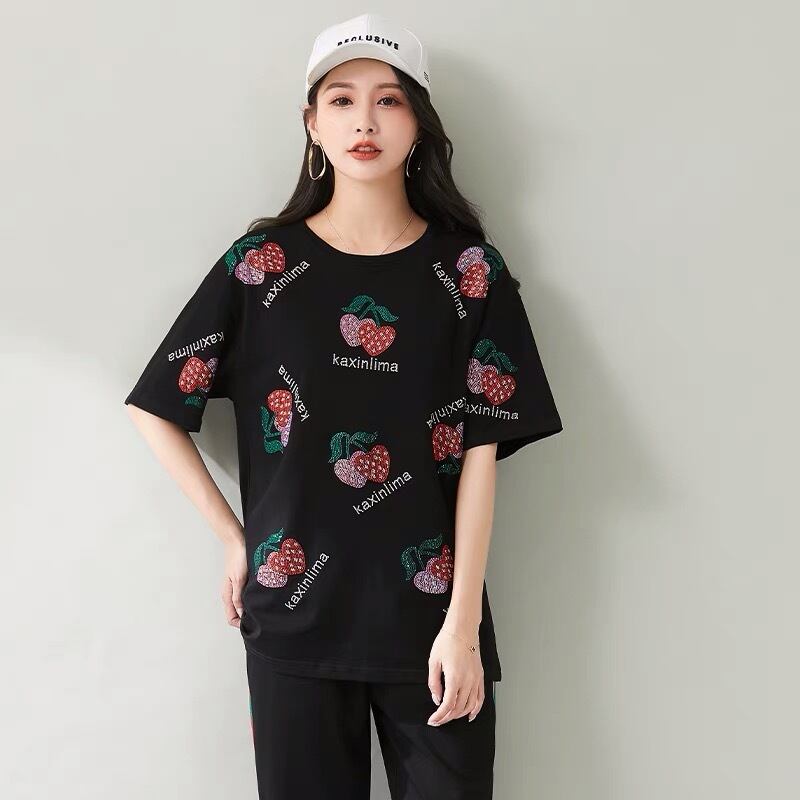 Tシャツ 黒 ピンク 熊 さくらんぼ ラインストーン Tシャツ レオパード