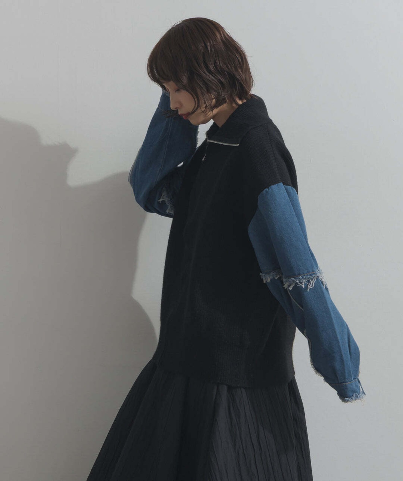 HD2510024 袖デニムジップニット  black