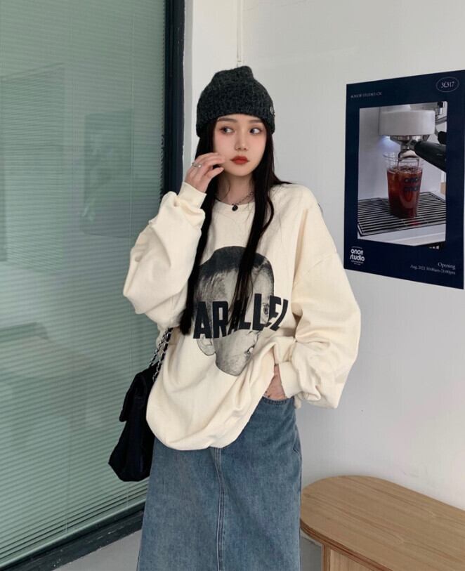 プリントセーター ジャケット オータムルーズプルオーバー トップス ロング 秋物 モンロー26051326832