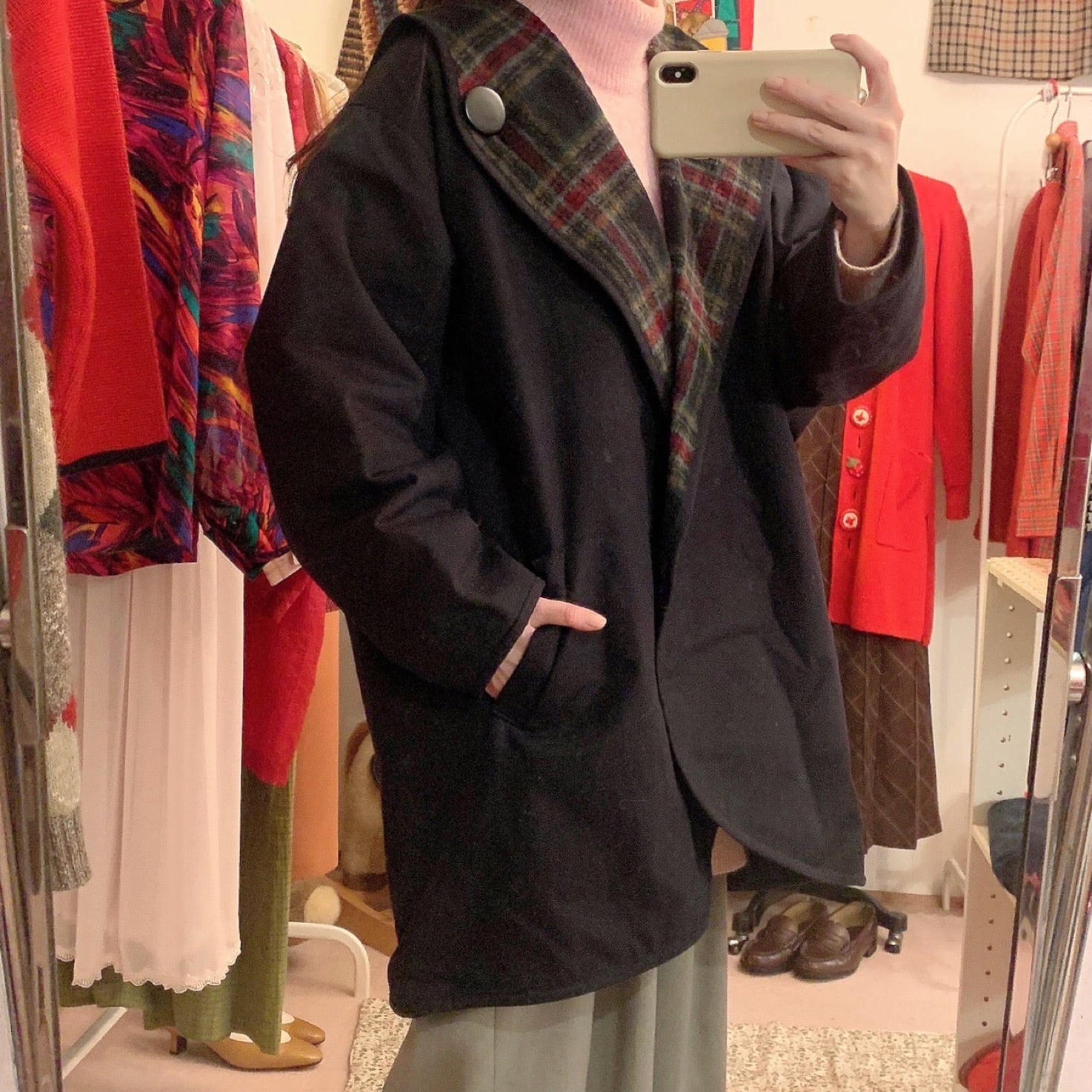 big button check hooded coat