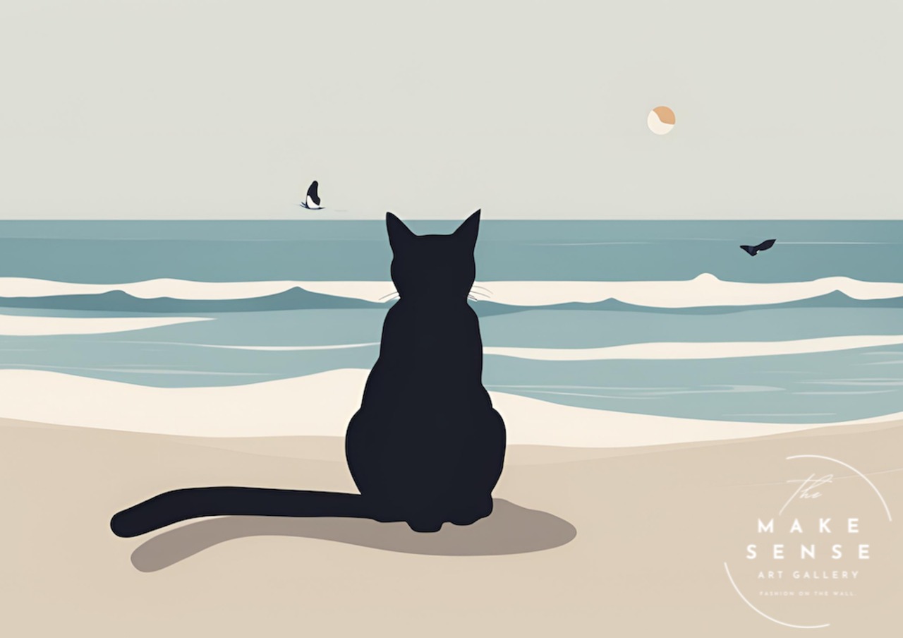 海を眺める黒猫|穏やかな海辺に佇む可愛いシルエットアート|静けさと物語を添える癒しの一枚||A4ポスター