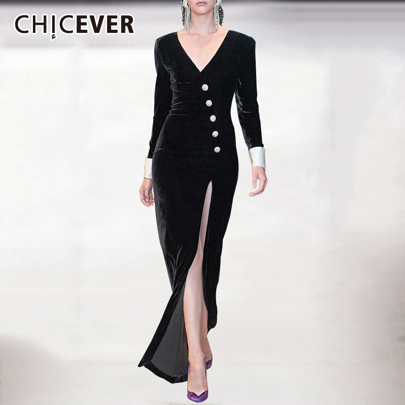 CHICEVERセクシーなパーティードレス女性Vネック長袖ウエストスプリットプラスサイズAラインボディコンドレス2020服 ロング 大きめサイズ 6base594311368115