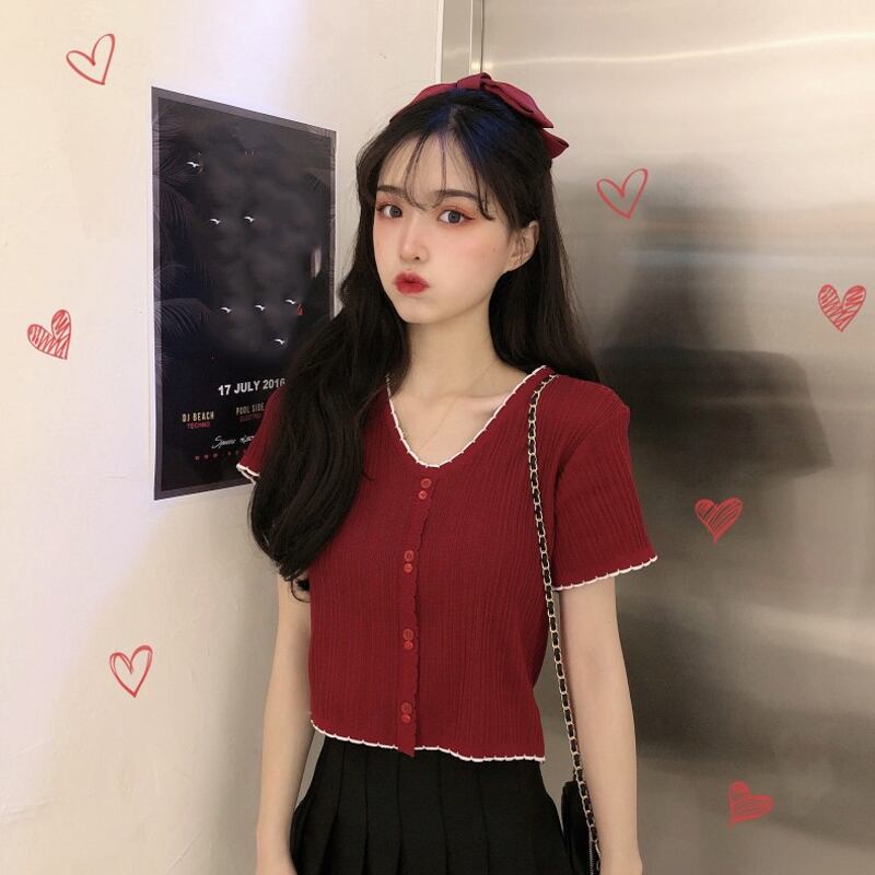 オータムトップス スリムショートニットセーター Tシャツ 秋物 試着室75820623153