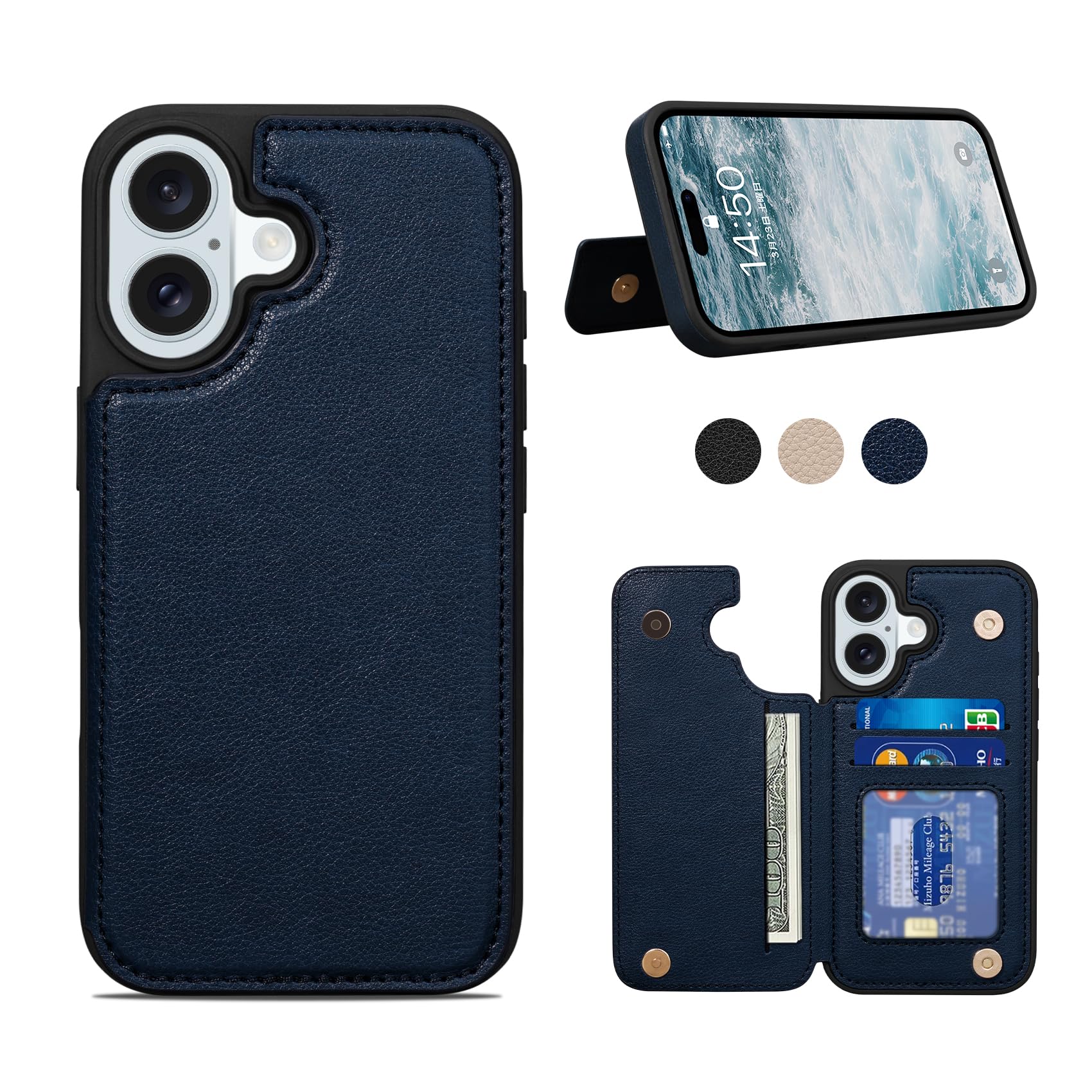 Shlybaay iPhone 16 用 背面 手帳型ケース ICカード収納 スマホケース ブルー