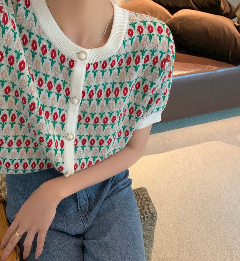 ラウンドネックFlowerデザイン ニットセーター スタンダード半袖スリーブトップス レディース ショート レトロ ハーフスリーブ Oネック フラワーデザイン ビッグFスモールZ韓国84980569670