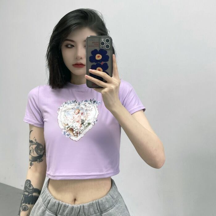 サマーショートTシャツ プリントカジュアルハイウェストクロップドトップス コットン 夏物 ケッペル53938689180