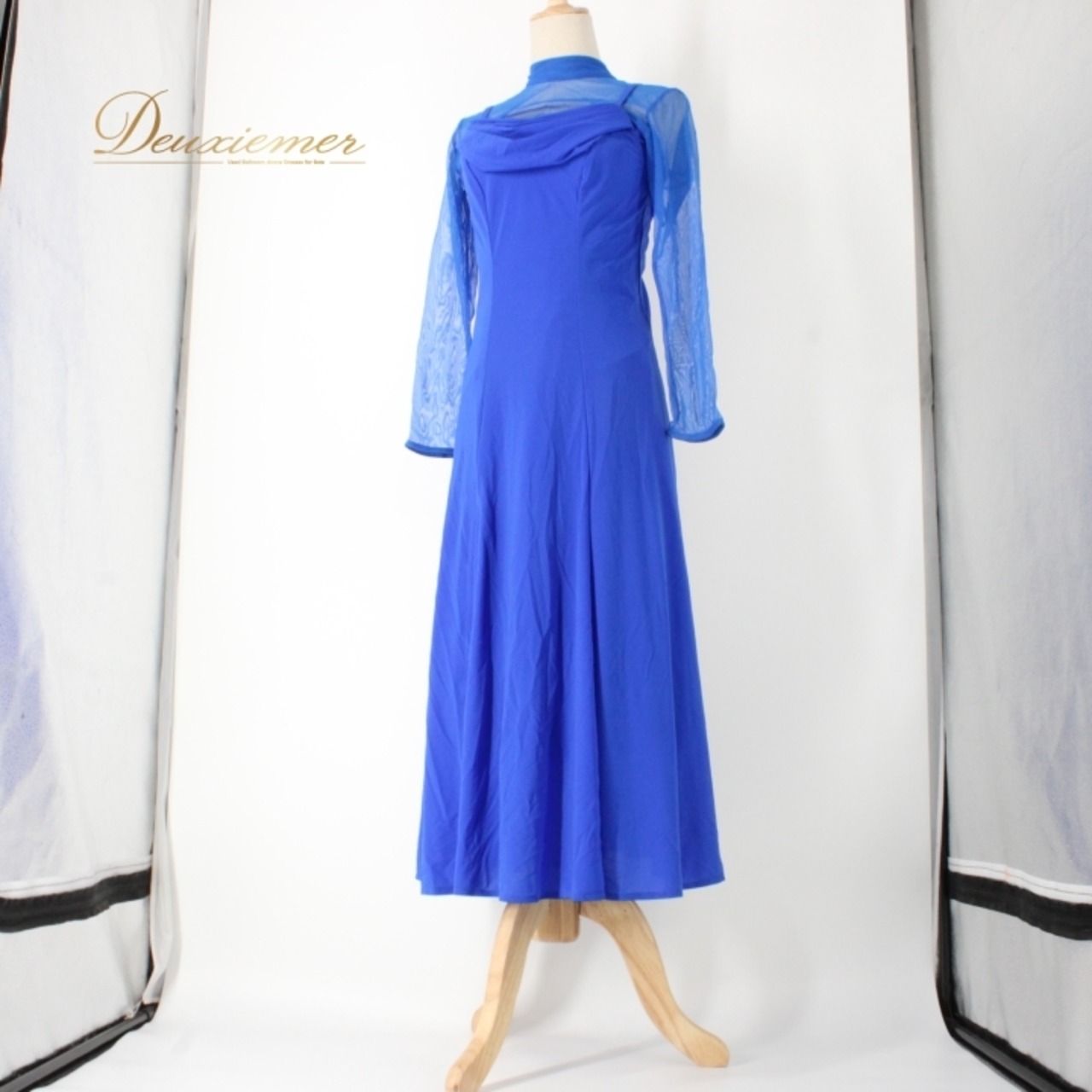 社交ダンス 衣装 スタンダード ドレス ワンピース レッスンウェア パーティドレス 青 ブルー系 lovely dancing 無地 レース 長袖 ロイヤルブルー レディース ドレス ワンピース ファスナー 伸縮性 パーティー レッスン 体型カバー おしゃれ 上品 人気 日本製 おすすめ かわいい きれい そのまま着用可能