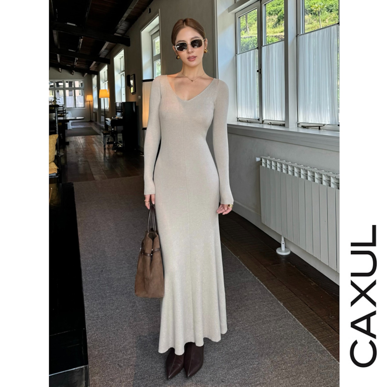 Vネック ニットドレス/2color