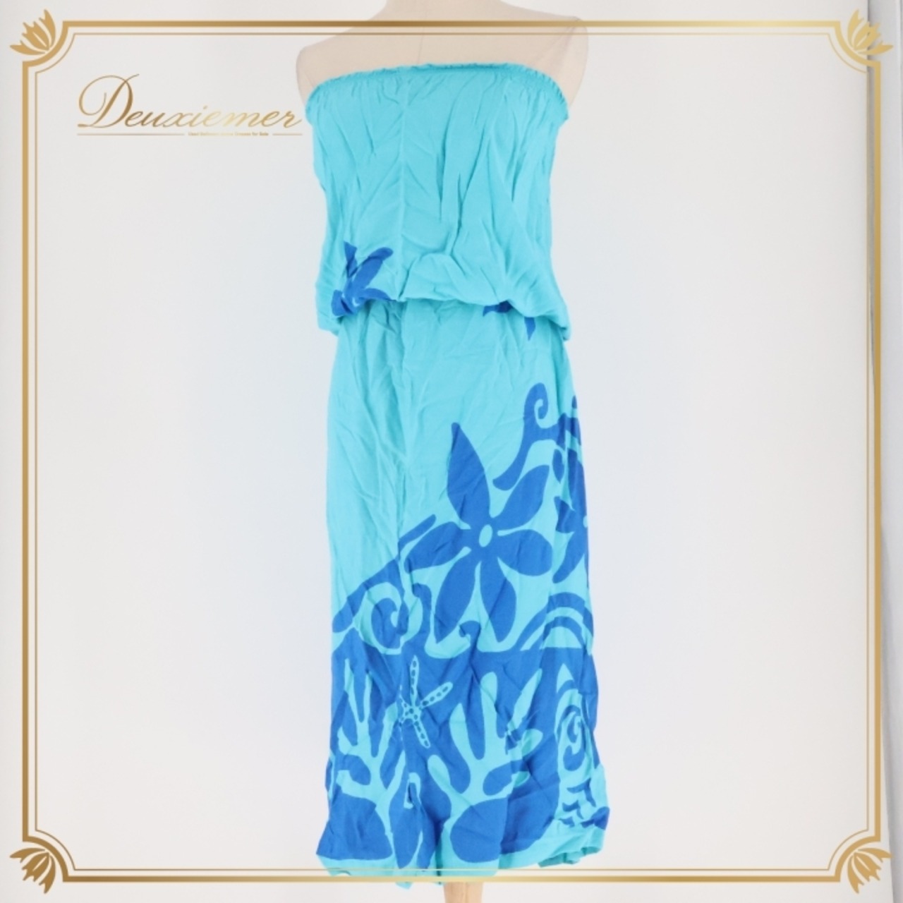 フラダンス 衣装 ワンピース ドレス ハレクアイレア ブルー系 Halekuai Lea 日本製 チューブトップ ワントーン ティアレ柄 かわいい 華やか 鮮やか 明るい 水色 青 ハワイアン アロハ ハワイアンプリント フラ ダンス レッスン 練習 軽やか