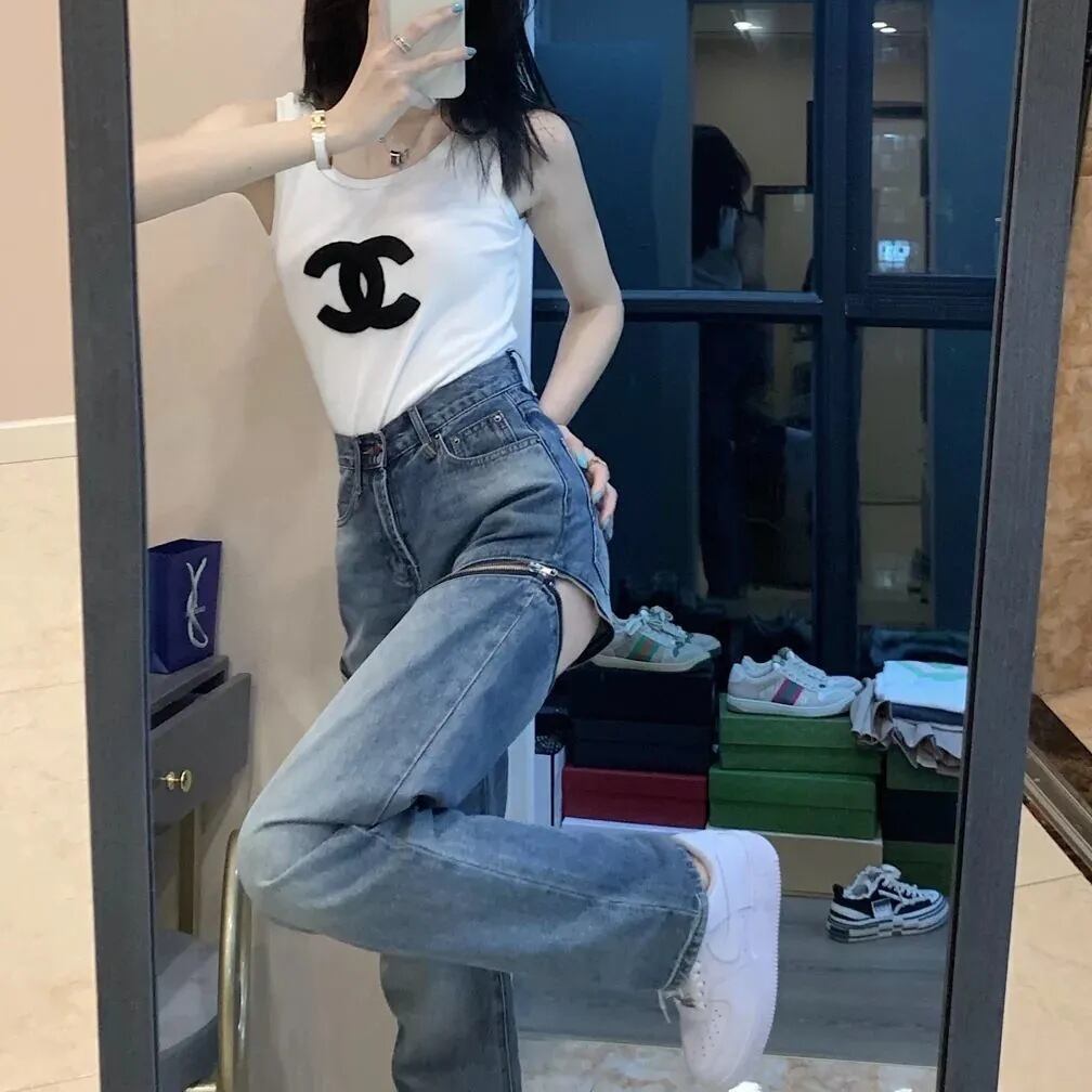 【新作】【送料無料】 アメリカンホットガールストリートストレートジーンズ女性のハイウエストスリムルーズドレープフロアモップワイドレッグパンツデザインパンツ 0350299548504