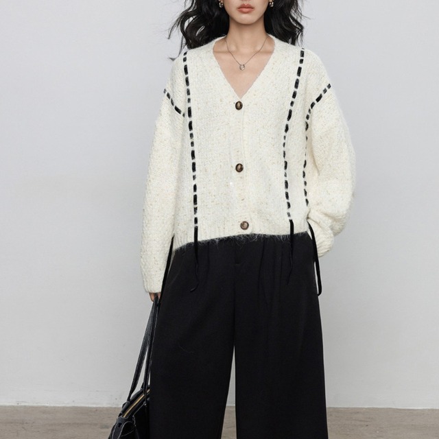 Vネック ドロップショルダー ニットカーディガン 10018