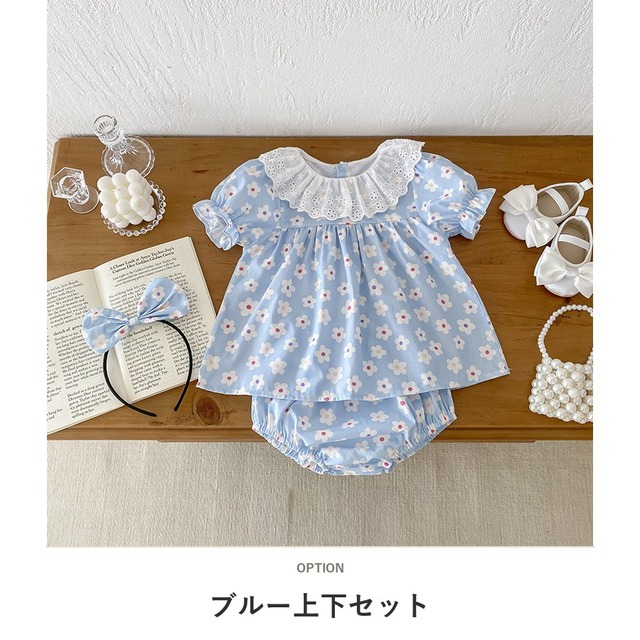 【セット】ブルー小花柄レースカラー半袖セットアップ - 2