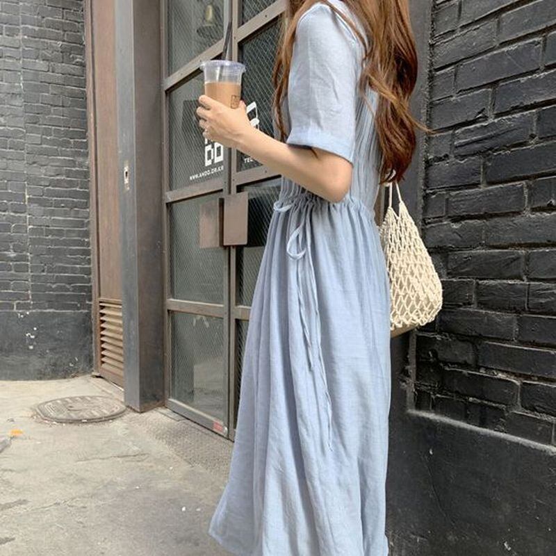 送料無料 さらっとラフスタイル ワンピース リボン 半袖 ロング丈 ギャザー シャーリング カジュアル フェミカジ リゾート Lamitte Deco トレンド 韓国ファッション ショップ Base店