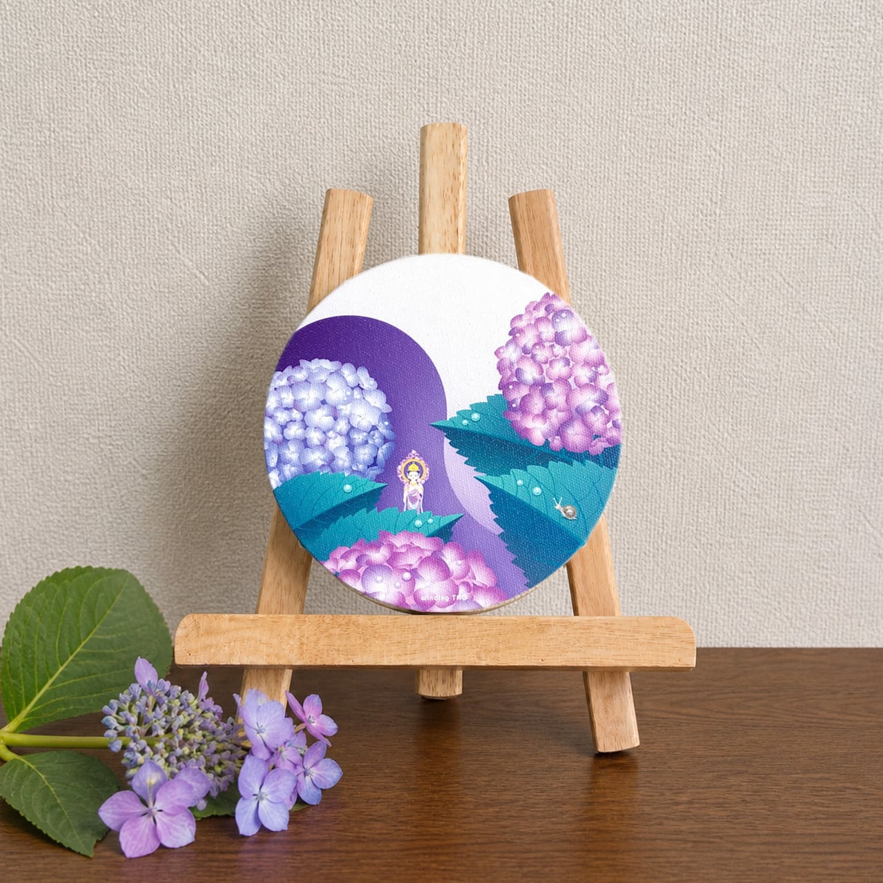 紫陽花 まんまる アートキャンバス（15cm）＊紫陽花と観音様